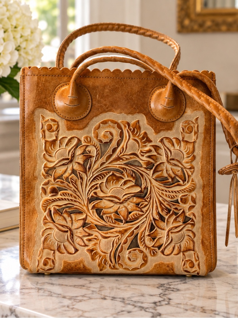 Patricia Nash Cavo Tooled Leather Tote Light Brown Flower Cut Outs Gold Inlay